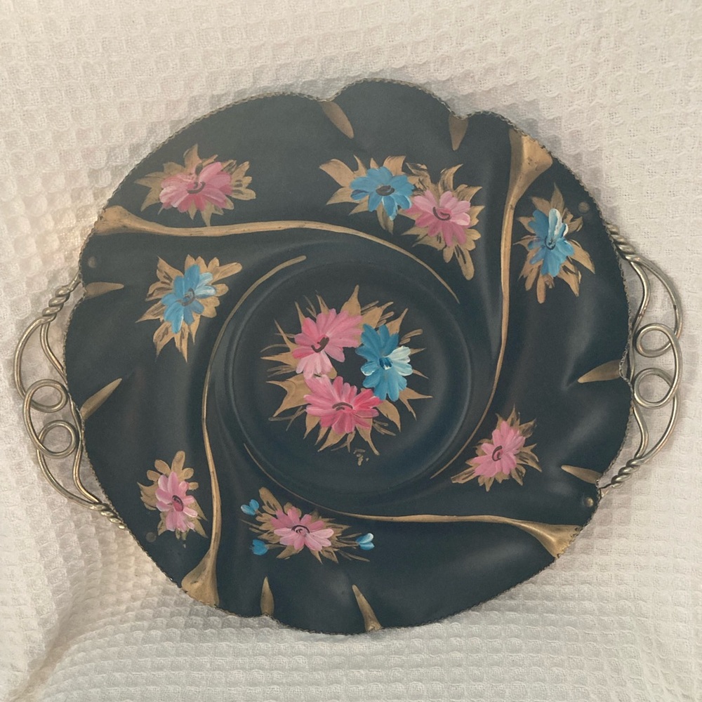 Vintage from the 50’s Farber & Shlevin Inc. Black Hand Painted Floral Metal Tray